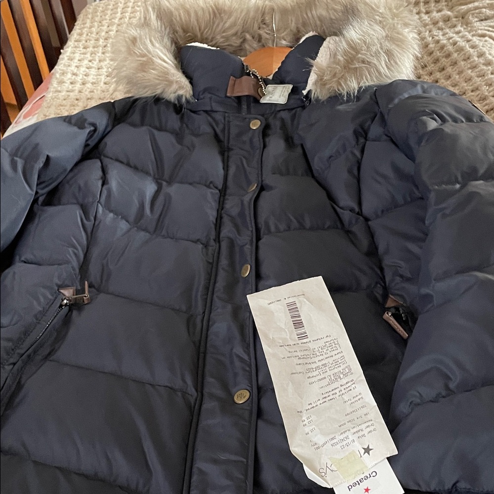 Ralph Lauren Navy Puffer Coat with Faux Fur Trim